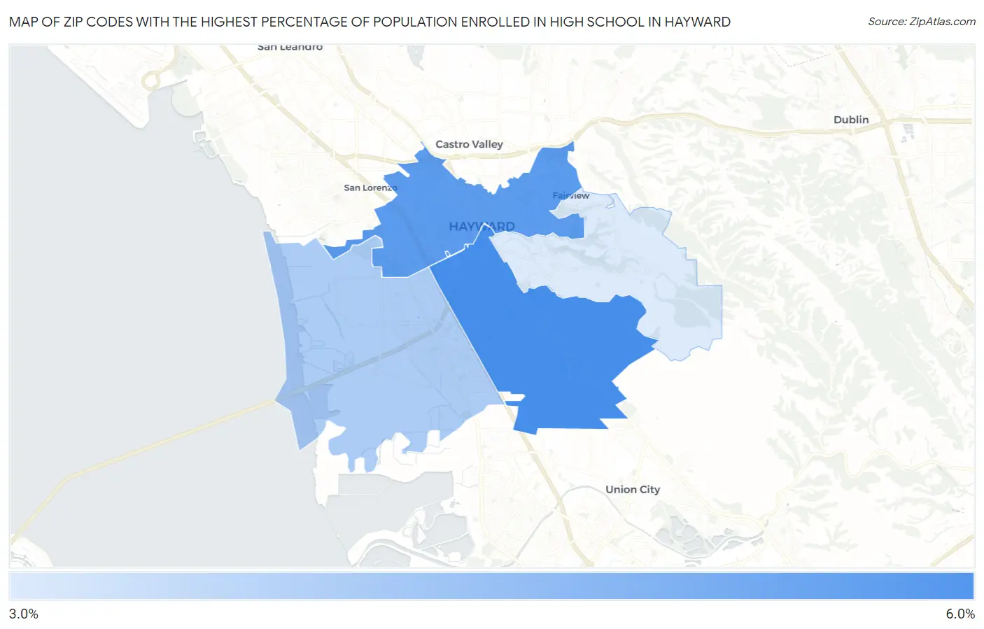 Zip Codes with the Highest Percentage of Population Enrolled in High School in Hayward Map