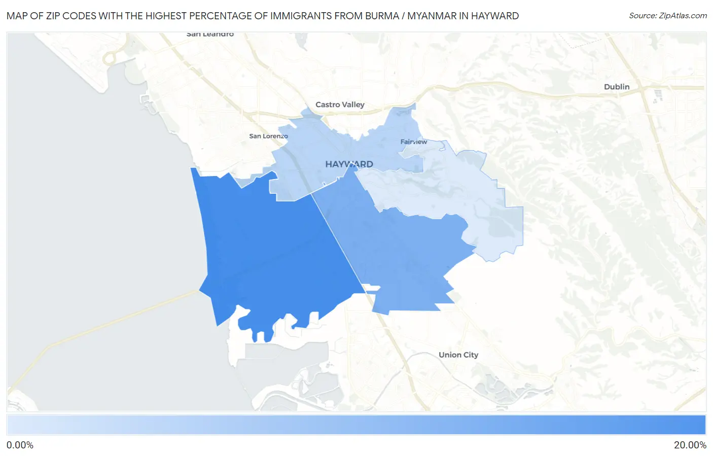 Zip Codes with the Highest Percentage of Immigrants from Burma / Myanmar in Hayward Map