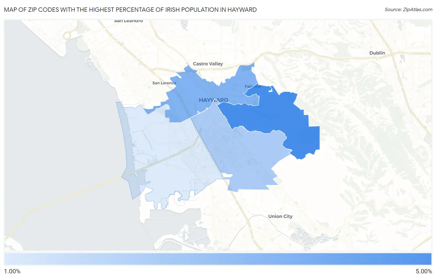 Zip Codes with the Highest Percentage of Irish Population in Hayward Map