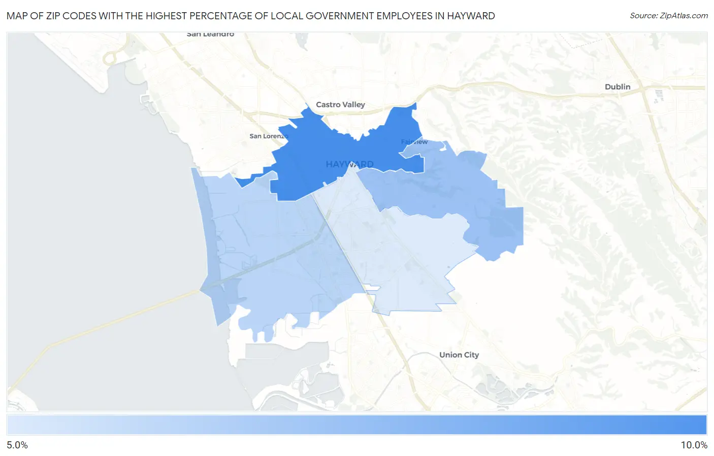 Zip Codes with the Highest Percentage of Local Government Employees in Hayward Map
