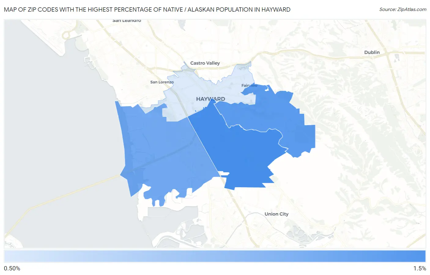 Zip Codes with the Highest Percentage of Native / Alaskan Population in Hayward Map