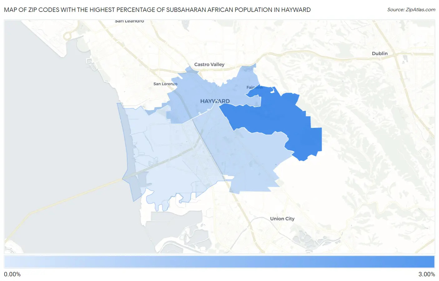 Zip Codes with the Highest Percentage of Subsaharan African Population in Hayward Map