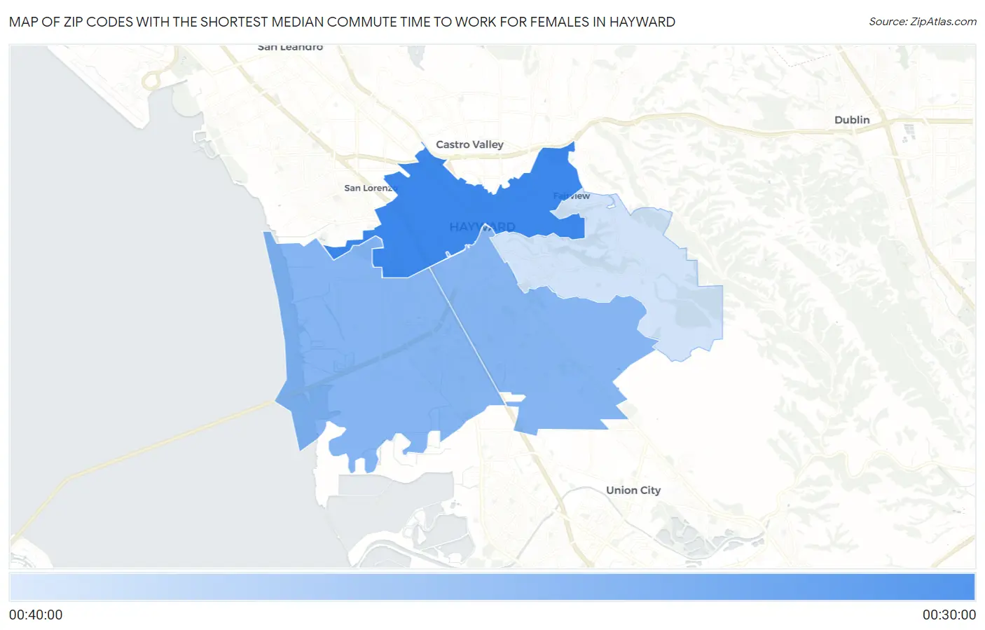 Zip Codes with the Shortest Median Commute Time to Work for Females in Hayward Map