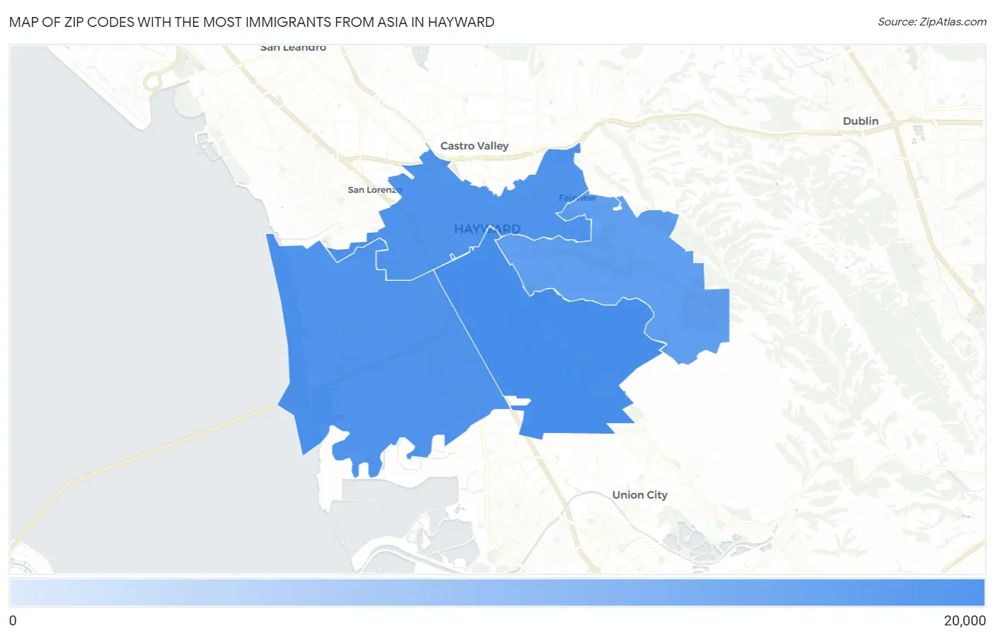 Zip Codes with the Most Immigrants from Asia in Hayward Map