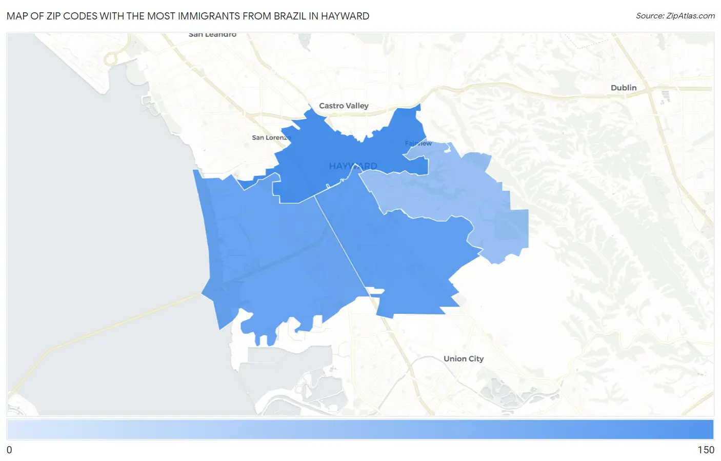 Zip Codes with the Most Immigrants from Brazil in Hayward Map