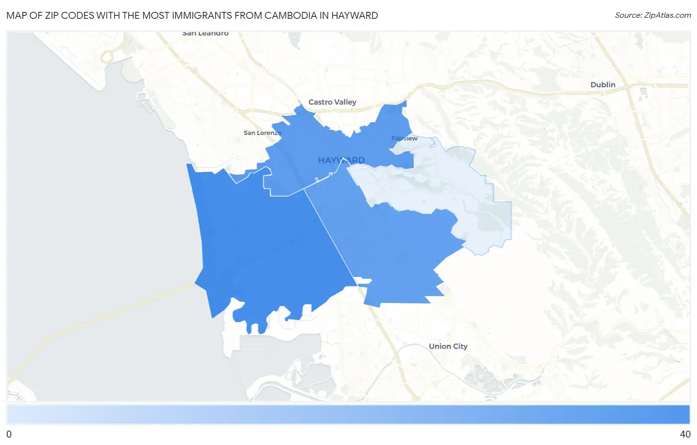 Zip Codes with the Most Immigrants from Cambodia in Hayward Map