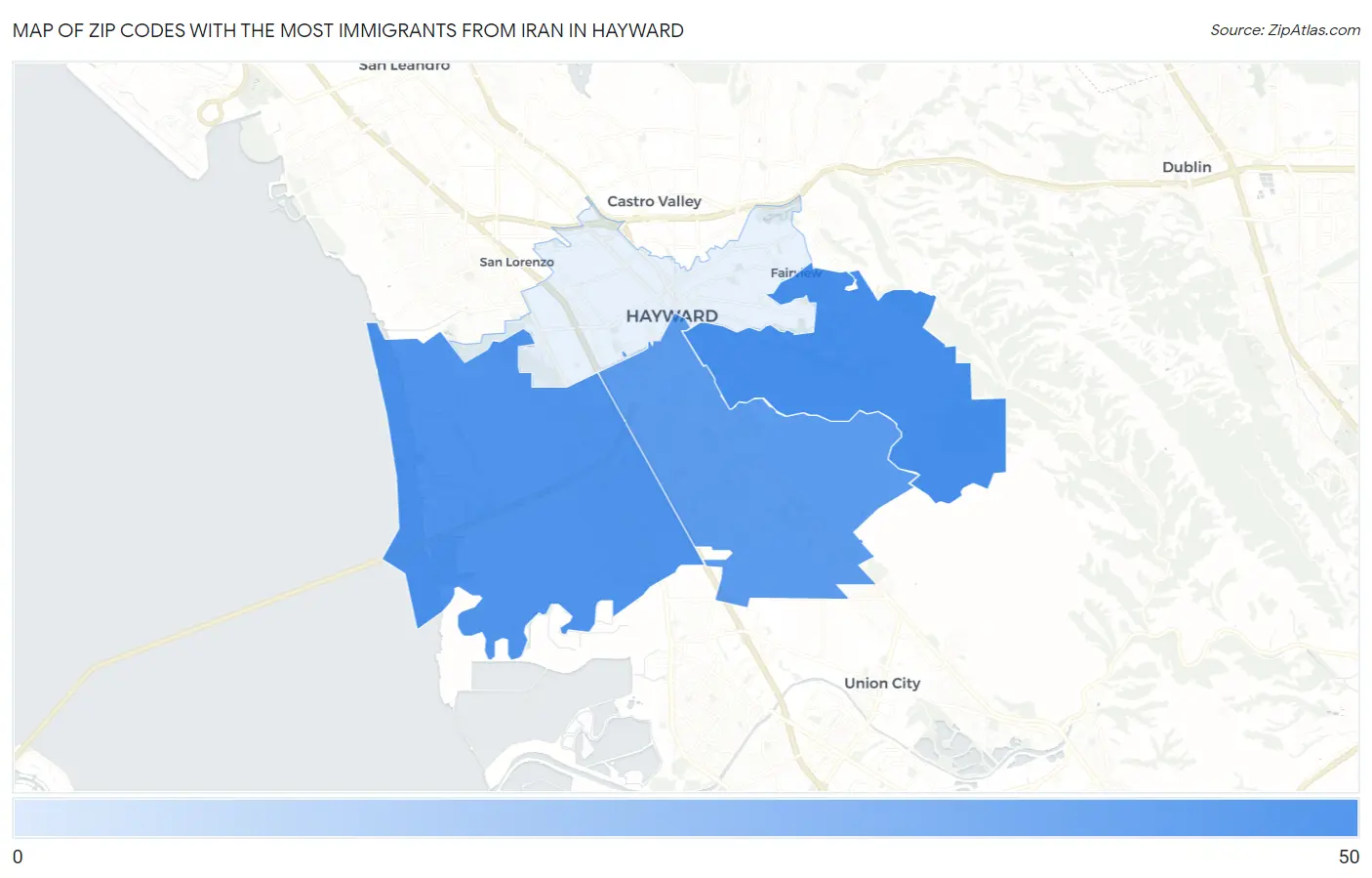 Zip Codes with the Most Immigrants from Iran in Hayward Map