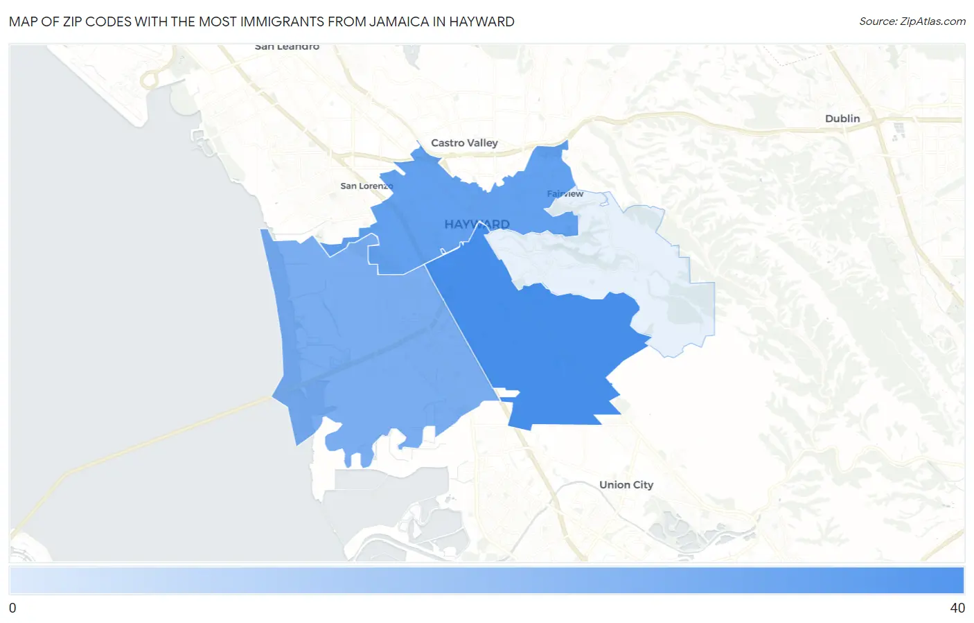 Zip Codes with the Most Immigrants from Jamaica in Hayward Map
