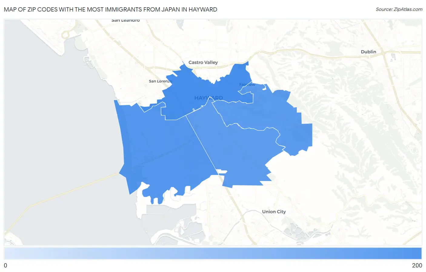 Zip Codes with the Most Immigrants from Japan in Hayward Map