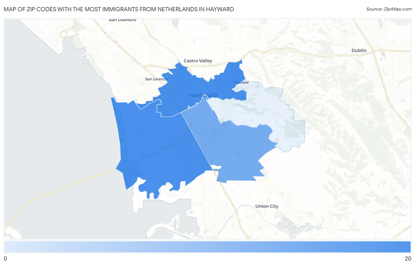 Zip Codes with the Most Immigrants from Netherlands in Hayward Map