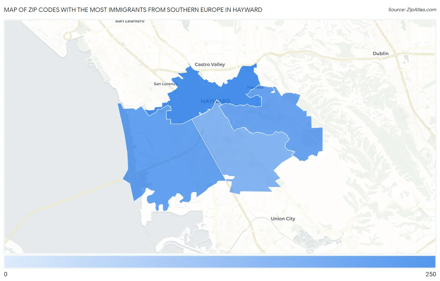 Zip Codes with the Most Immigrants from Southern Europe in Hayward Map