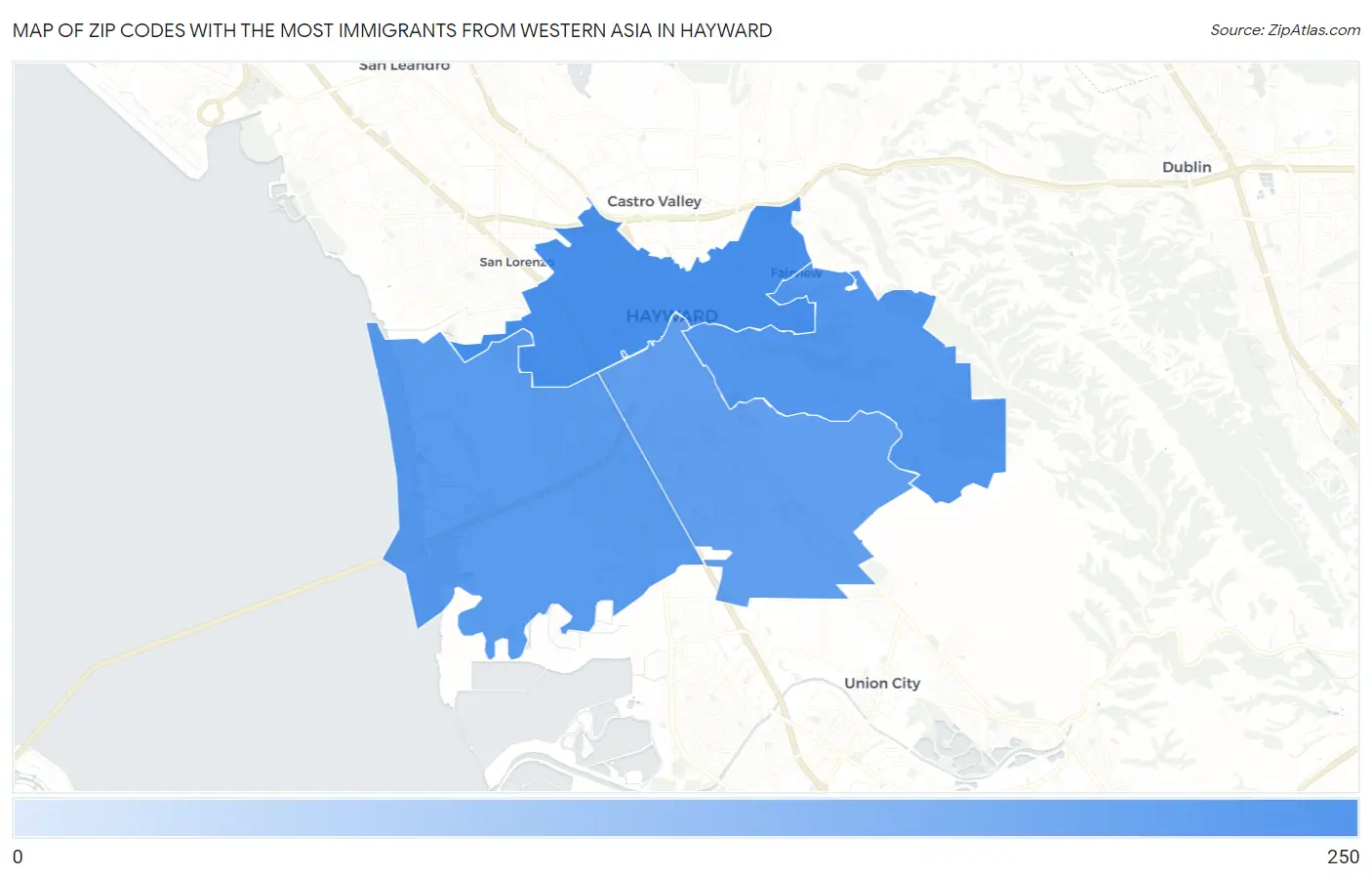 Zip Codes with the Most Immigrants from Western Asia in Hayward Map