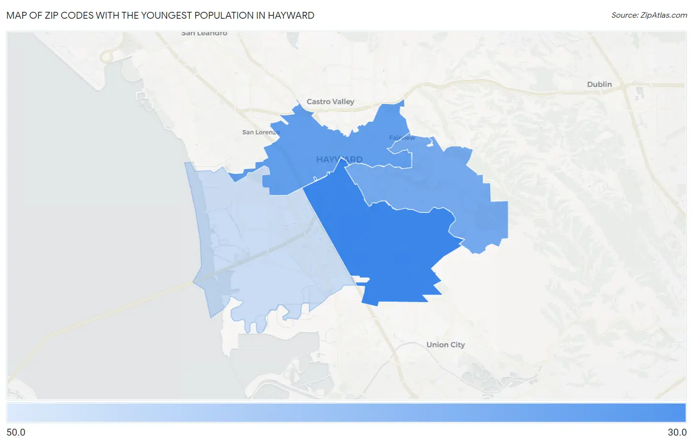 Zip Codes with the Youngest Population in Hayward Map