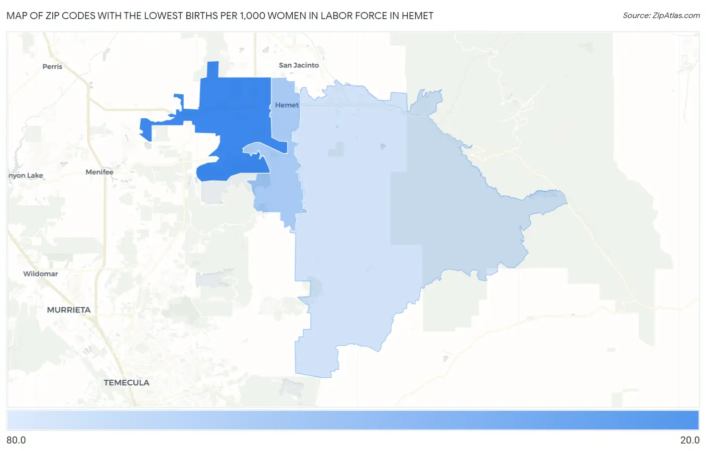 Zip Codes with the Lowest Births per 1,000 Women in Labor Force in Hemet Map