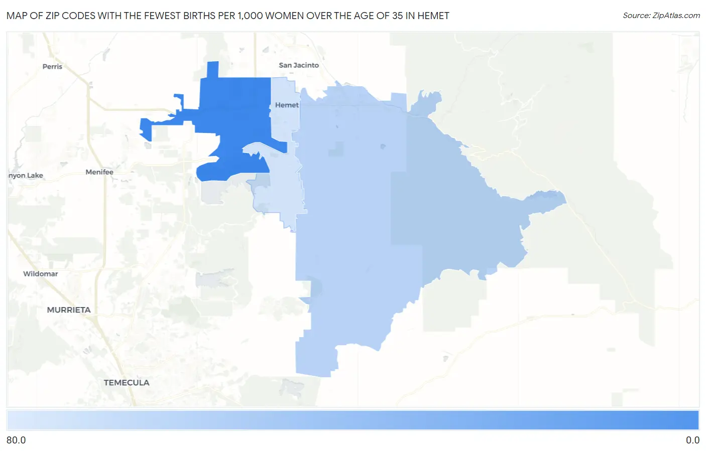 Zip Codes with the Fewest Births per 1,000 Women Over the Age of 35 in Hemet Map