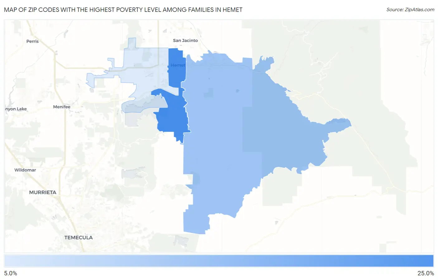Zip Codes with the Highest Poverty Level Among Families in Hemet Map