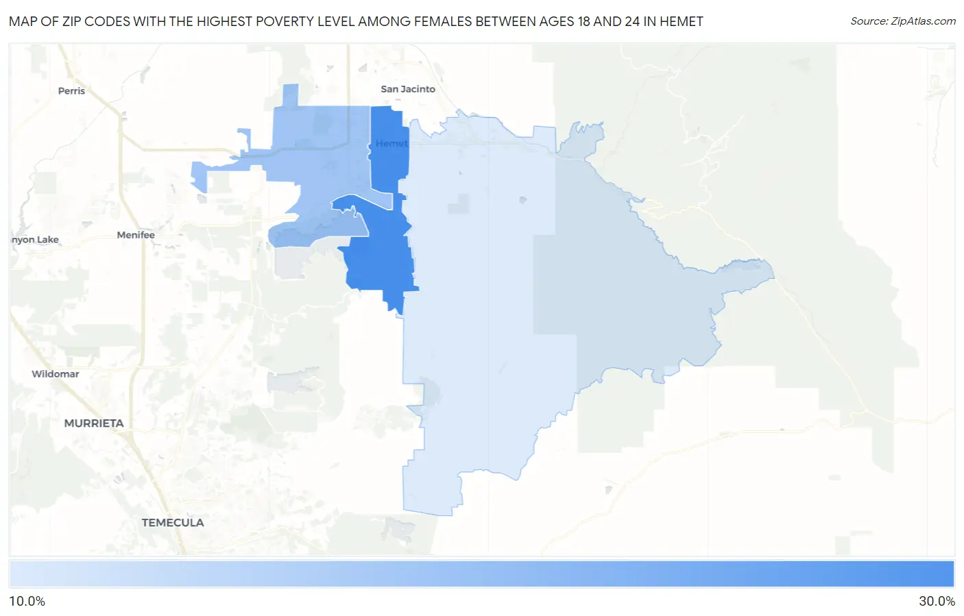 Zip Codes with the Highest Poverty Level Among Females Between Ages 18 and 24 in Hemet Map