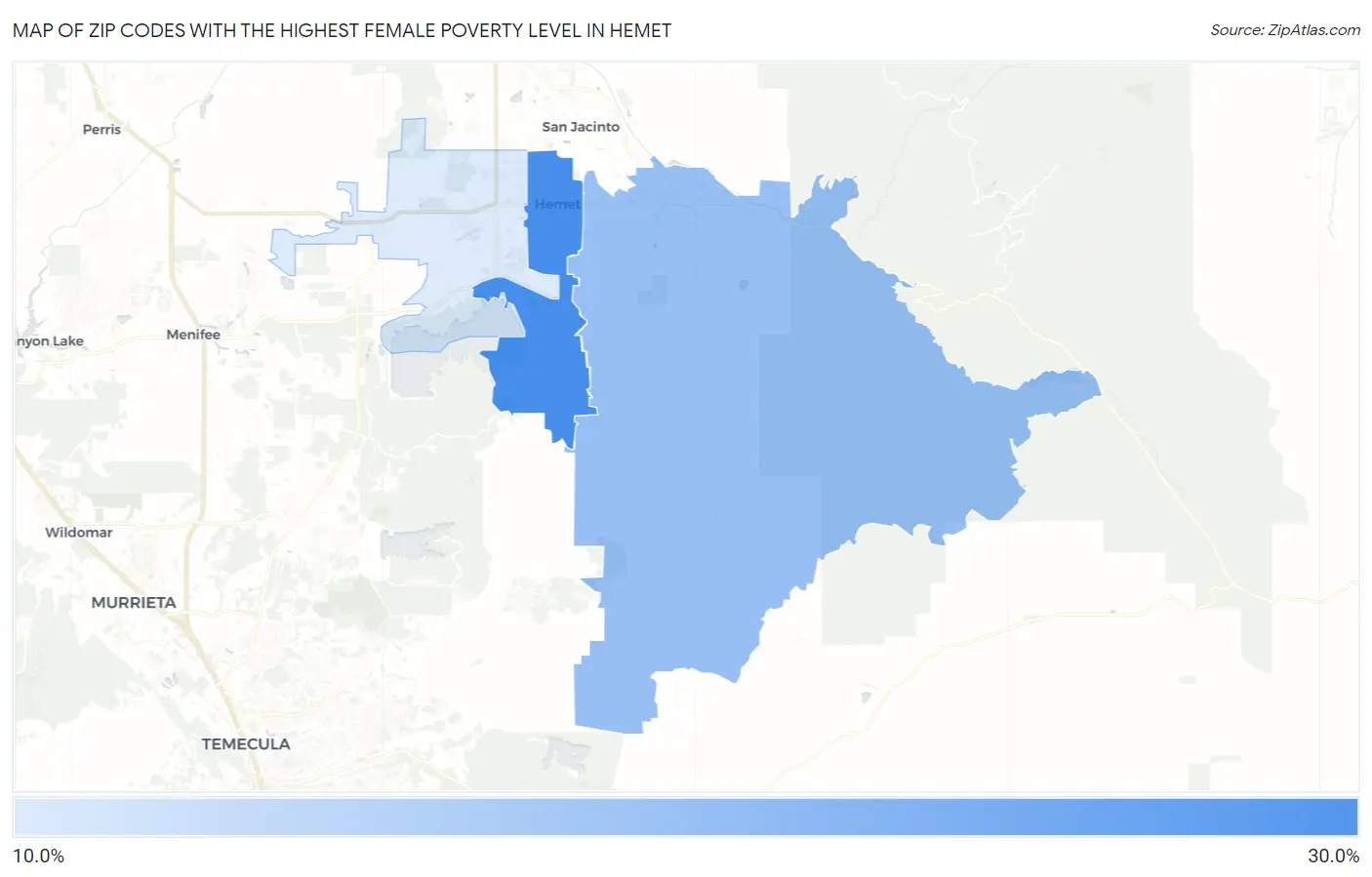 Zip Codes with the Highest Female Poverty Level in Hemet Map