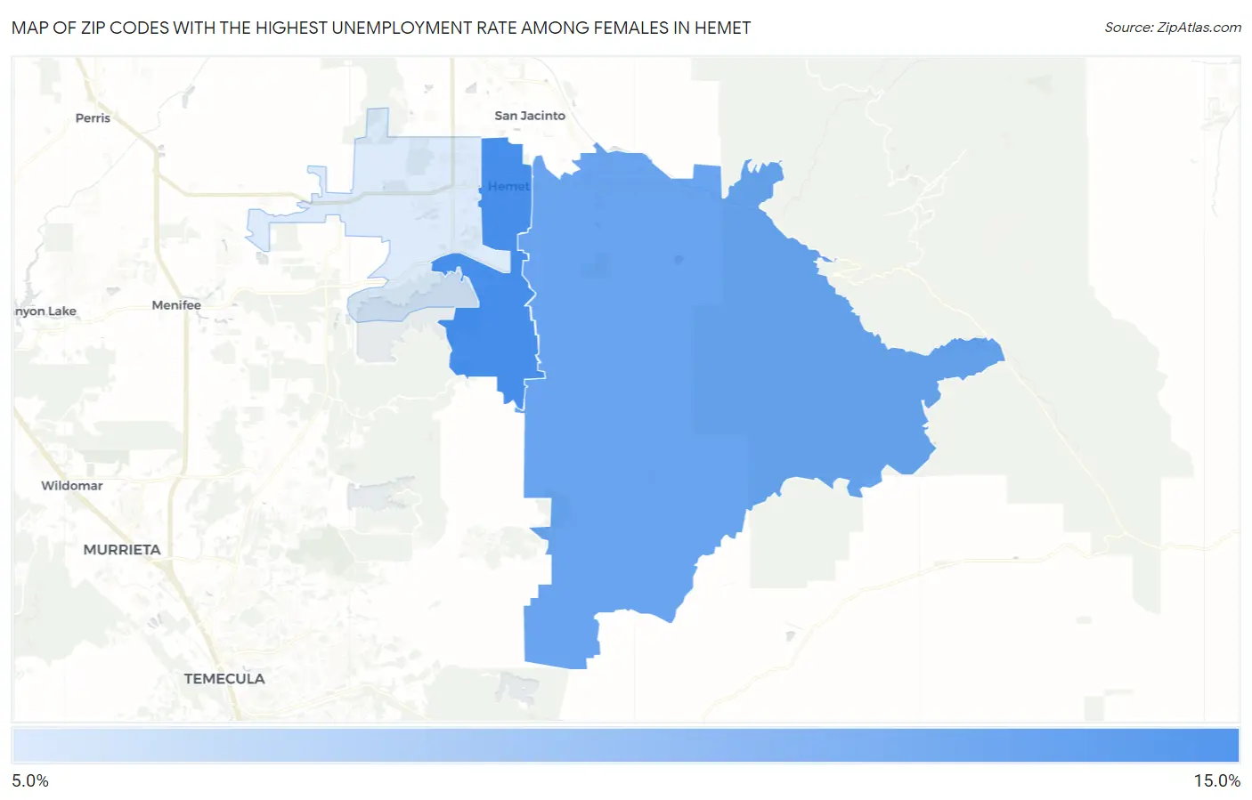Zip Codes with the Highest Unemployment Rate Among Females in Hemet Map