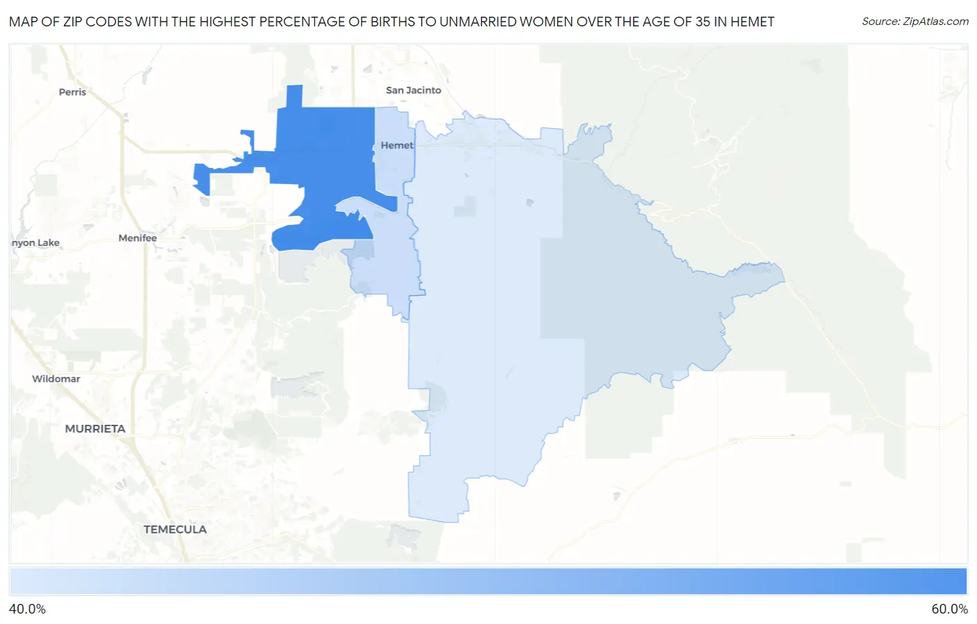 Zip Codes with the Highest Percentage of Births to Unmarried Women over the Age of 35 in Hemet Map