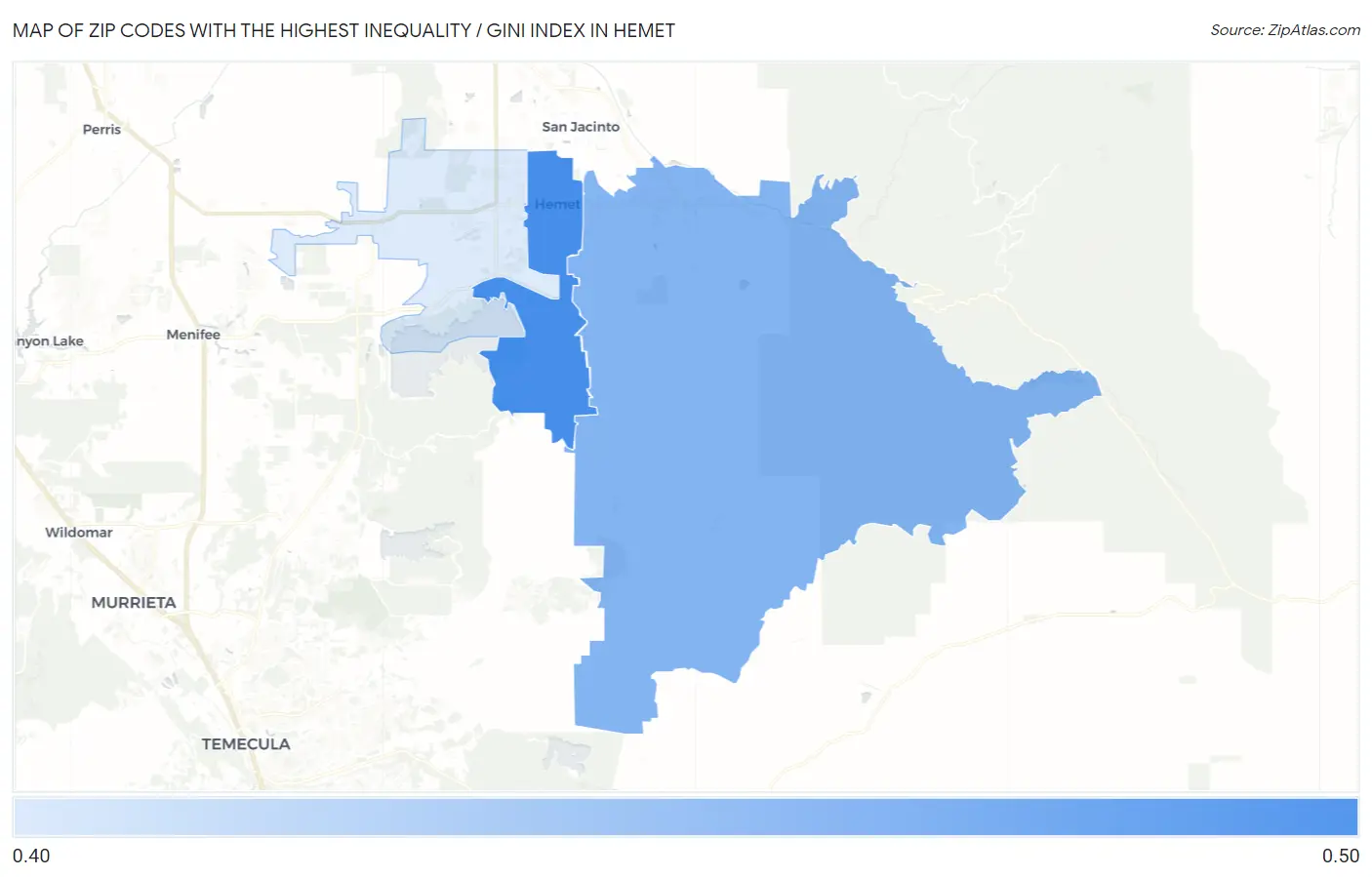 Zip Codes with the Highest Inequality / Gini Index in Hemet Map