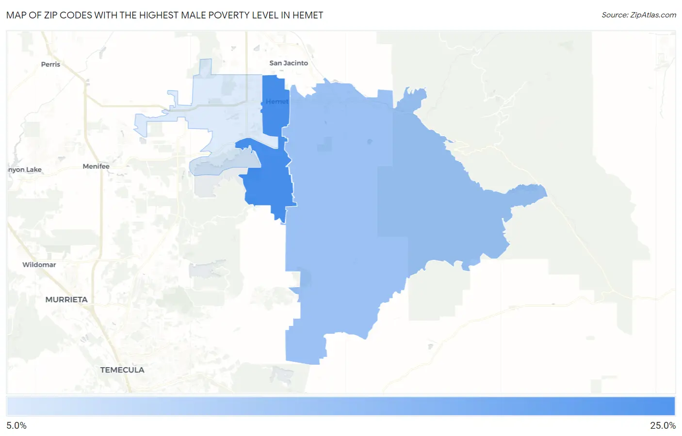 Zip Codes with the Highest Male Poverty Level in Hemet Map