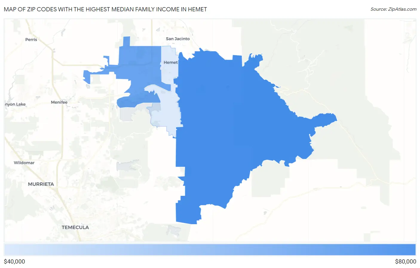 Zip Codes with the Highest Median Family Income in Hemet Map
