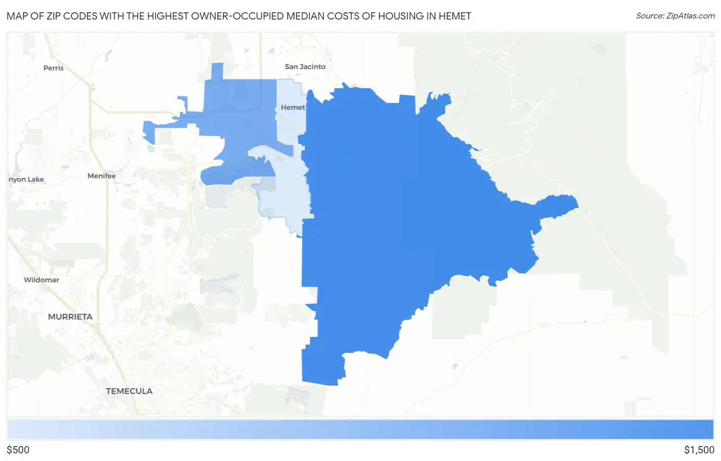 Zip Codes with the Highest Owner-Occupied Median Costs of Housing in Hemet Map