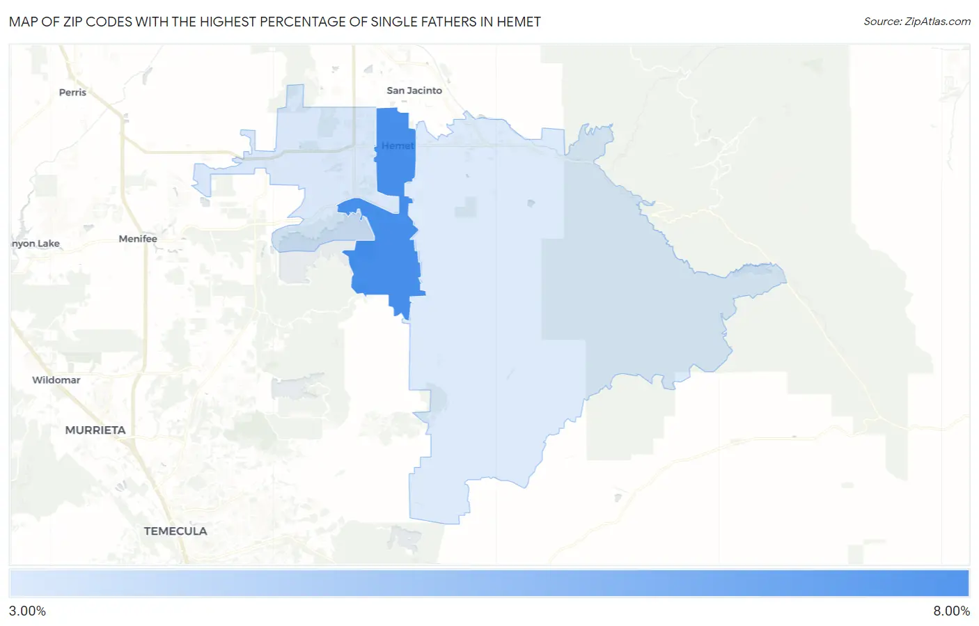 Zip Codes with the Highest Percentage of Single Fathers in Hemet Map