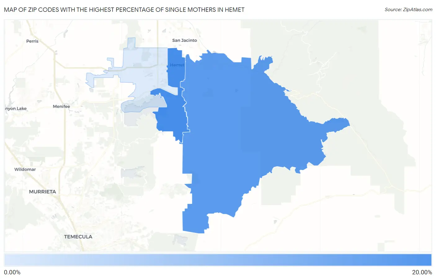 Zip Codes with the Highest Percentage of Single Mothers in Hemet Map