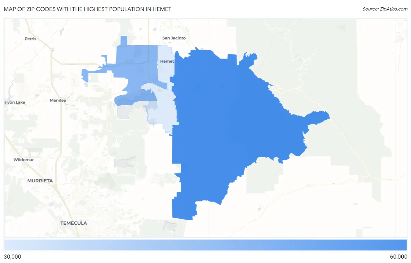 Zip Codes with the Highest Population in Hemet Map