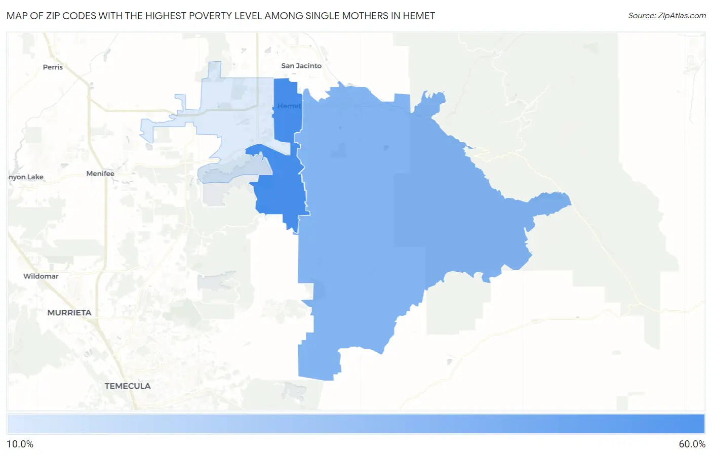 Zip Codes with the Highest Poverty Level Among Single Mothers in Hemet Map
