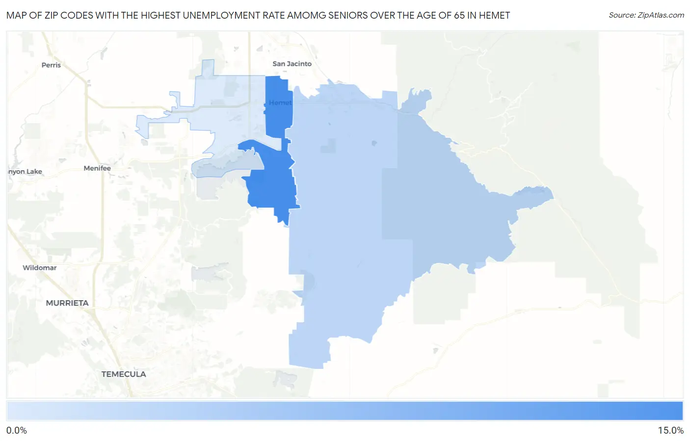 Zip Codes with the Highest Unemployment Rate Amomg Seniors Over the Age of 65 in Hemet Map