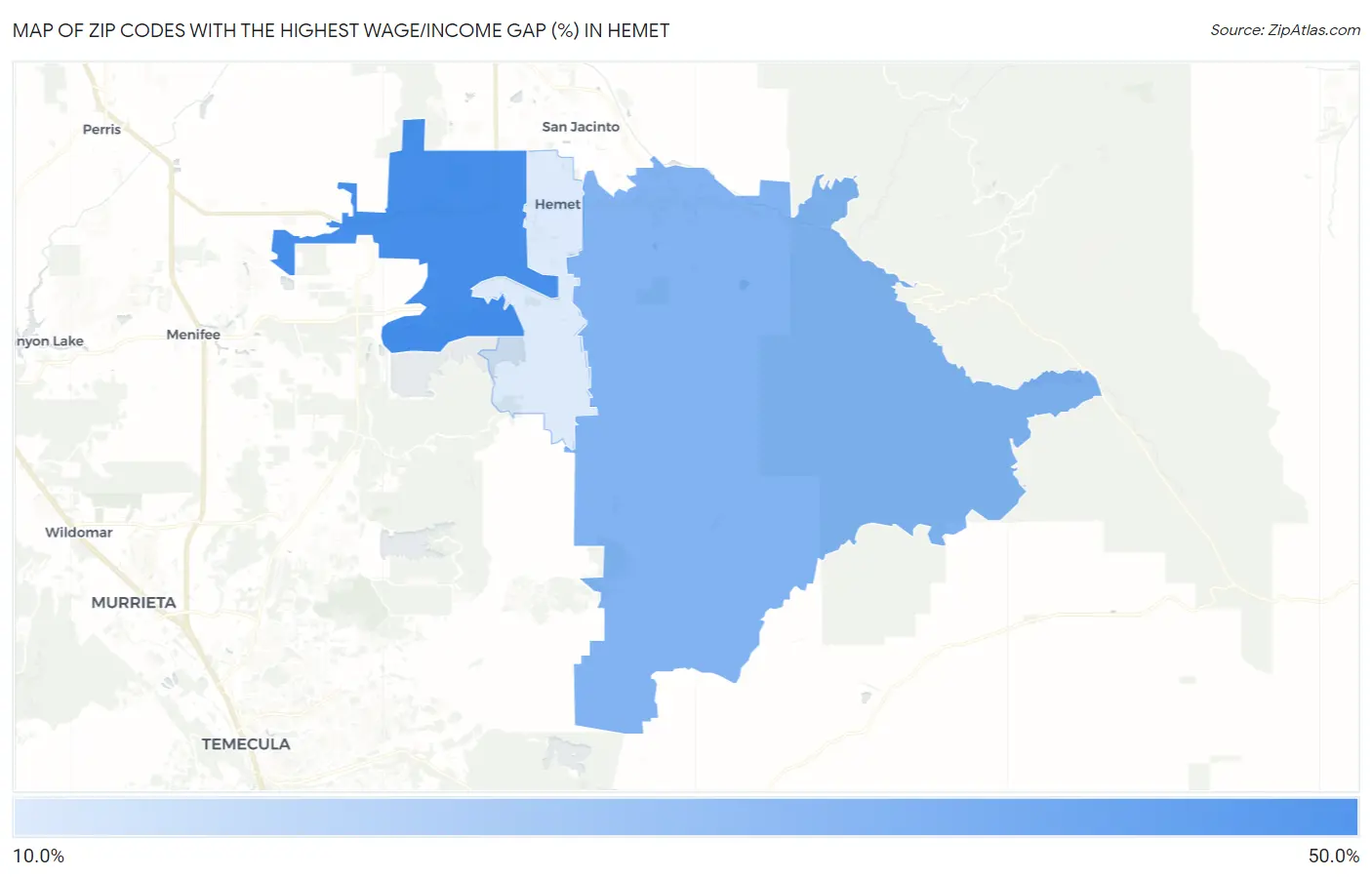 Zip Codes with the Highest Wage/Income Gap (%) in Hemet Map