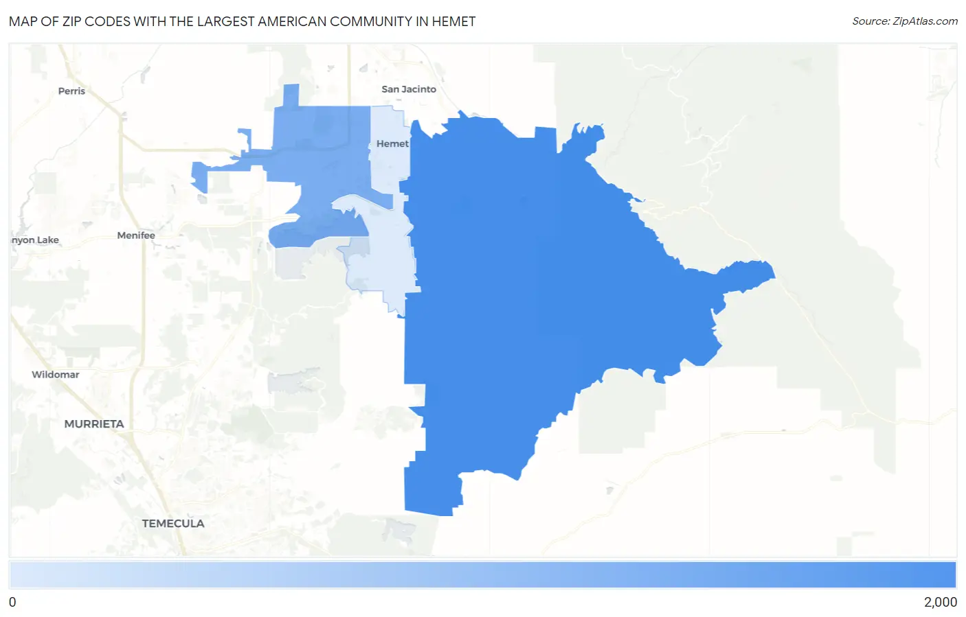 Zip Codes with the Largest American Community in Hemet Map