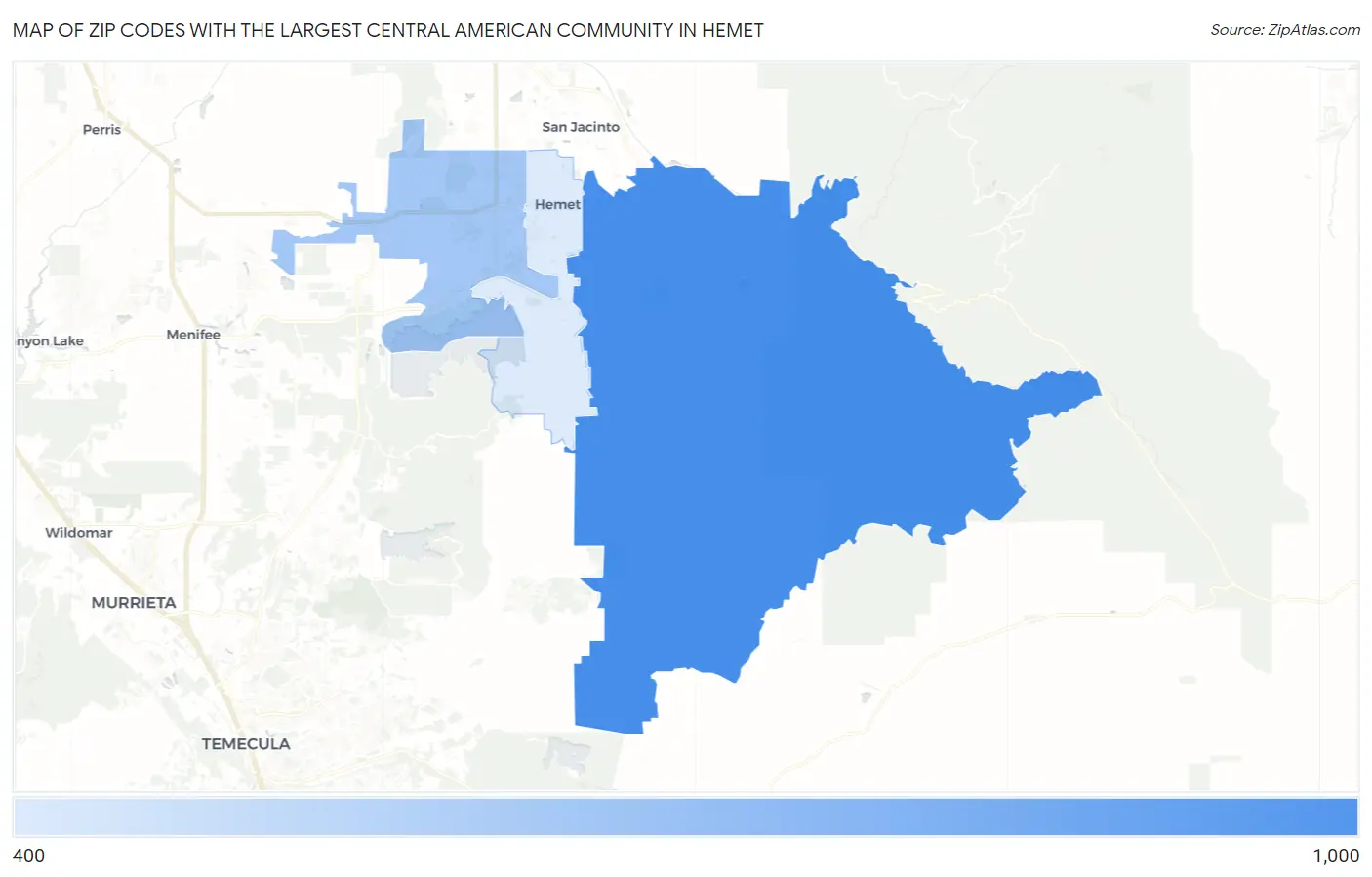 Zip Codes with the Largest Central American Community in Hemet Map