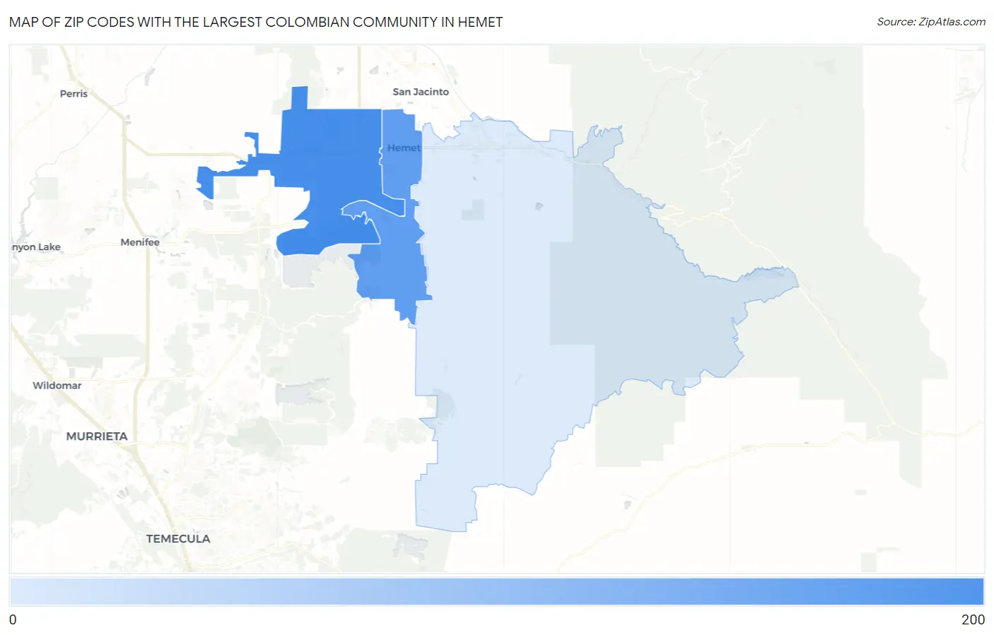 Zip Codes with the Largest Colombian Community in Hemet Map