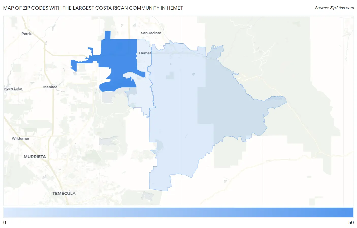 Zip Codes with the Largest Costa Rican Community in Hemet Map