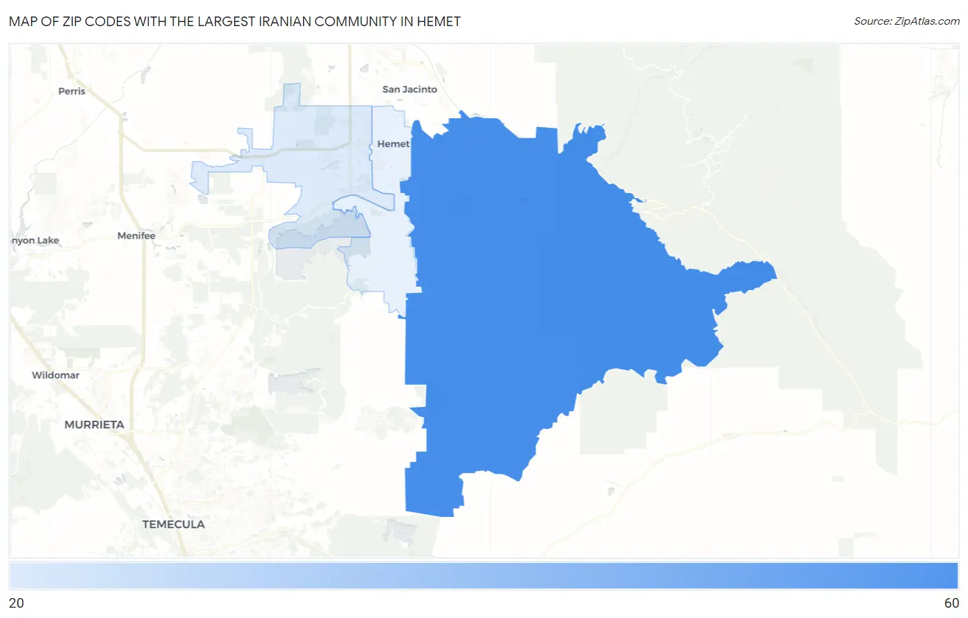 Zip Codes with the Largest Iranian Community in Hemet Map