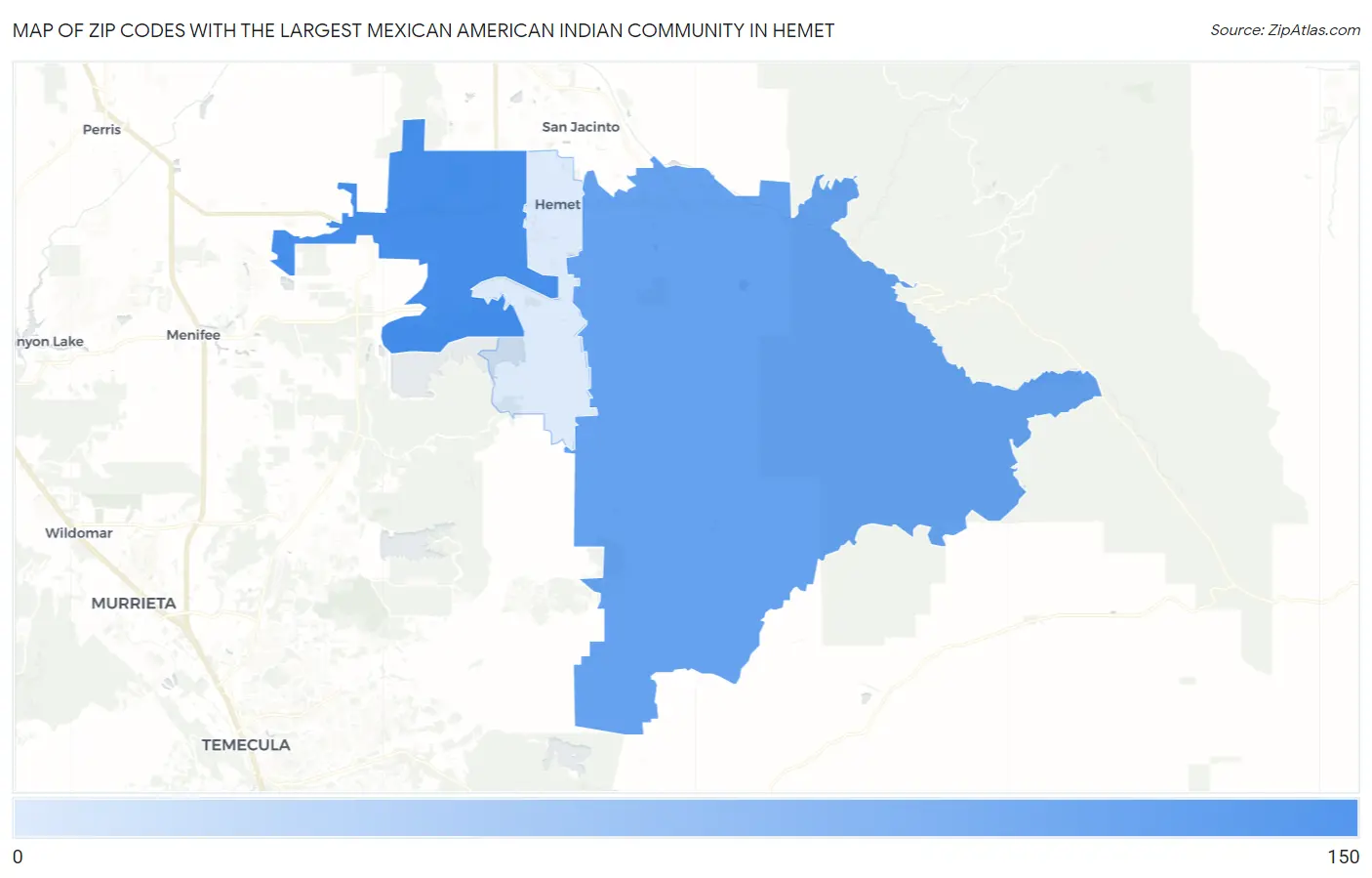 Zip Codes with the Largest Mexican American Indian Community in Hemet Map
