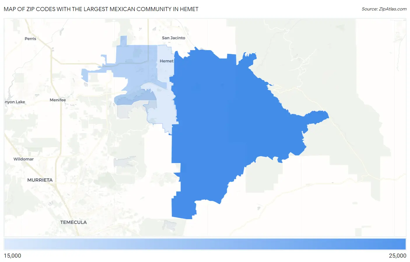 Zip Codes with the Largest Mexican Community in Hemet Map