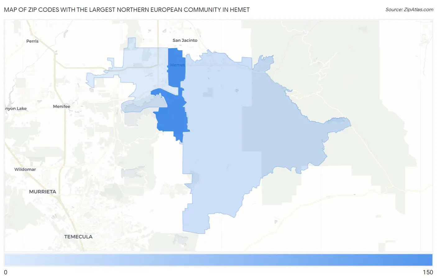 Zip Codes with the Largest Northern European Community in Hemet Map