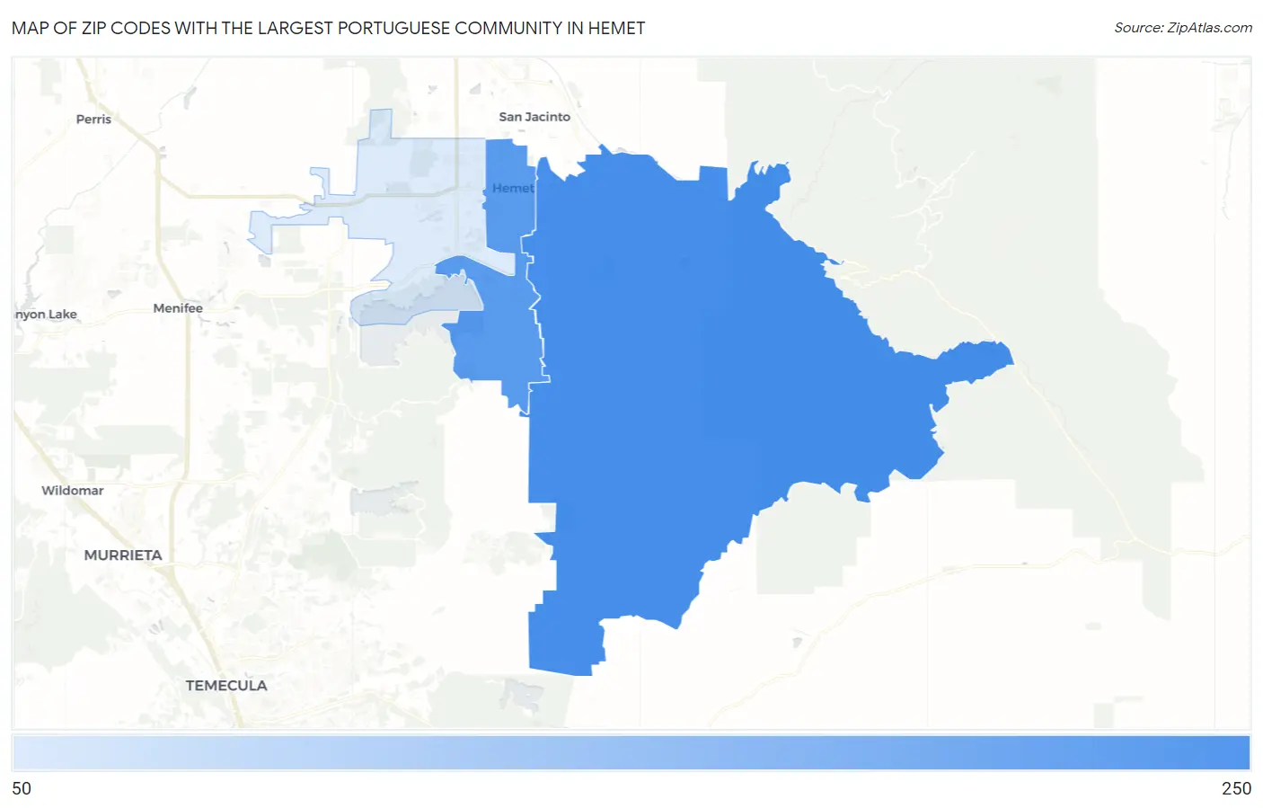 Zip Codes with the Largest Portuguese Community in Hemet Map