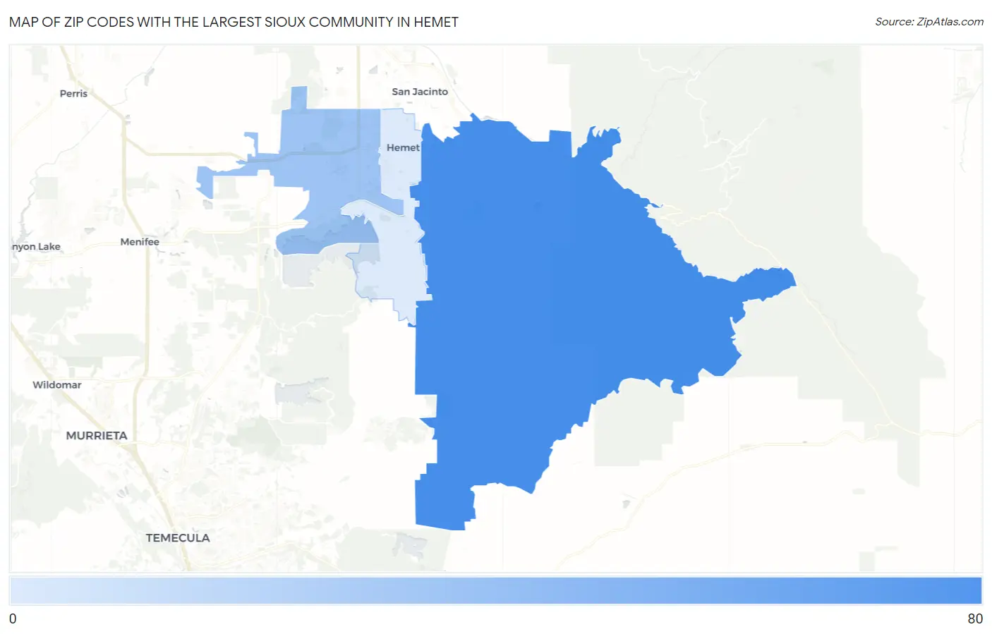 Zip Codes with the Largest Sioux Community in Hemet Map