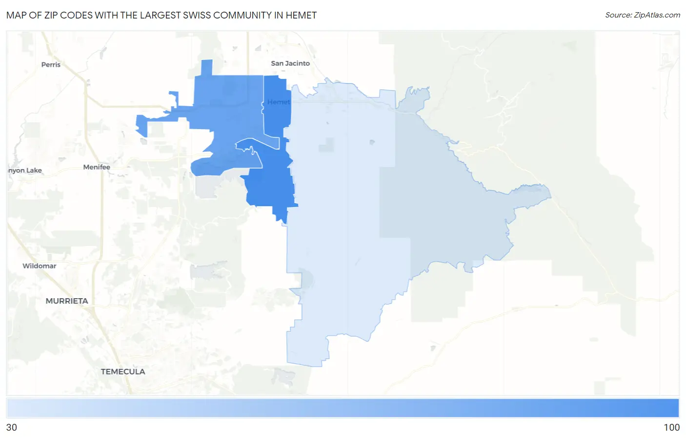 Zip Codes with the Largest Swiss Community in Hemet Map