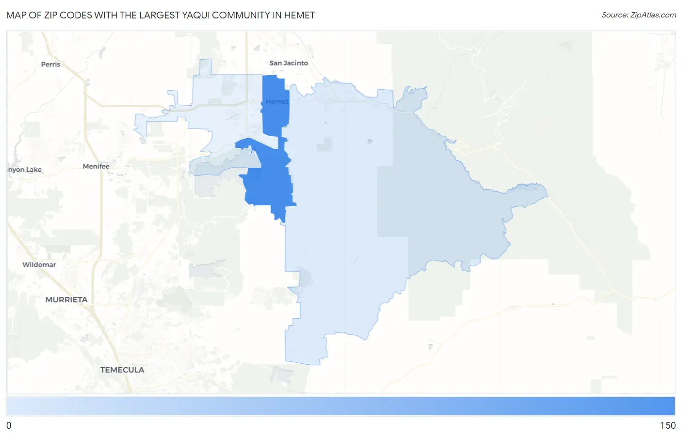 Zip Codes with the Largest Yaqui Community in Hemet Map
