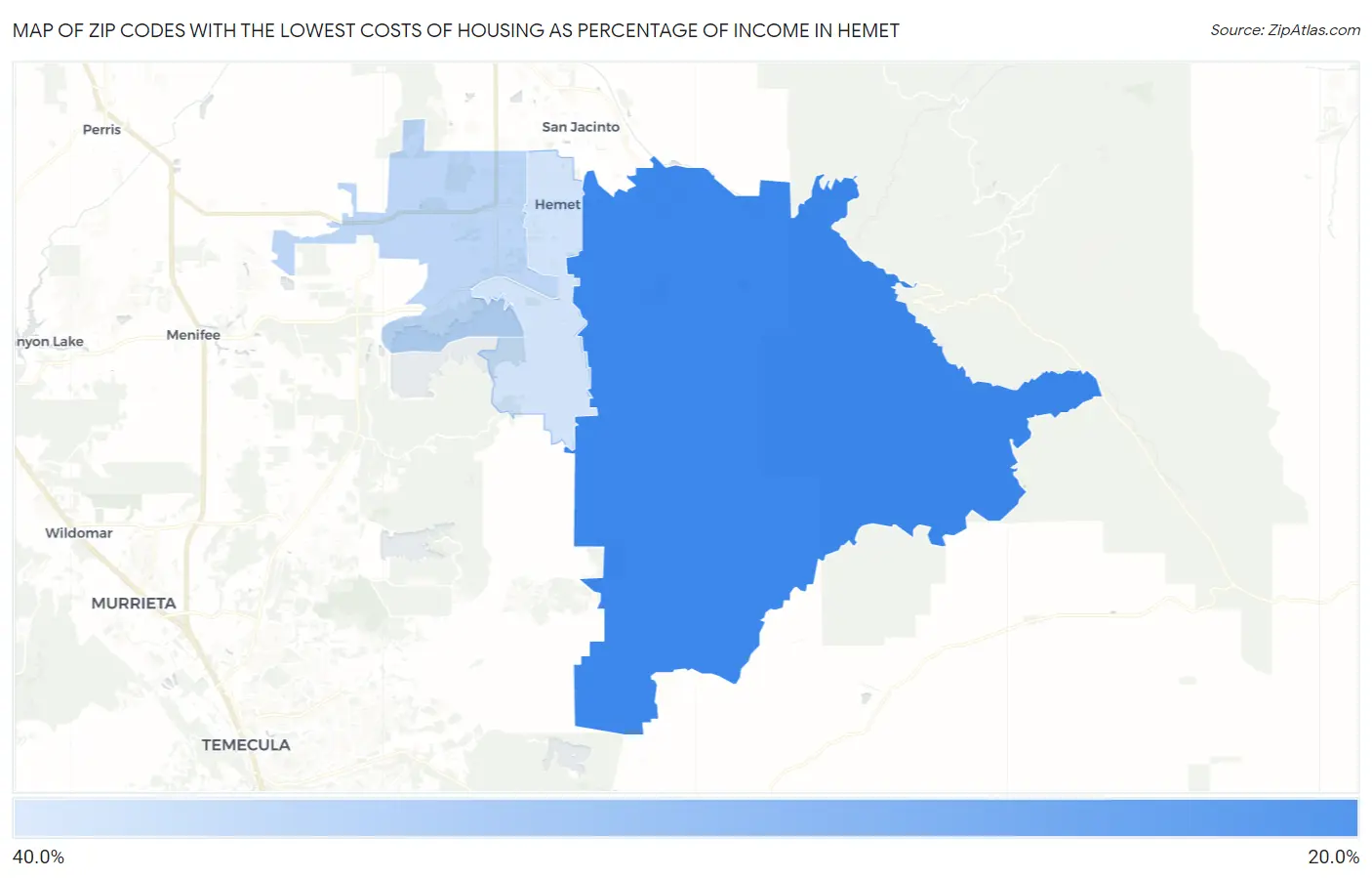 Zip Codes with the Lowest Costs of Housing as Percentage of Income in Hemet Map