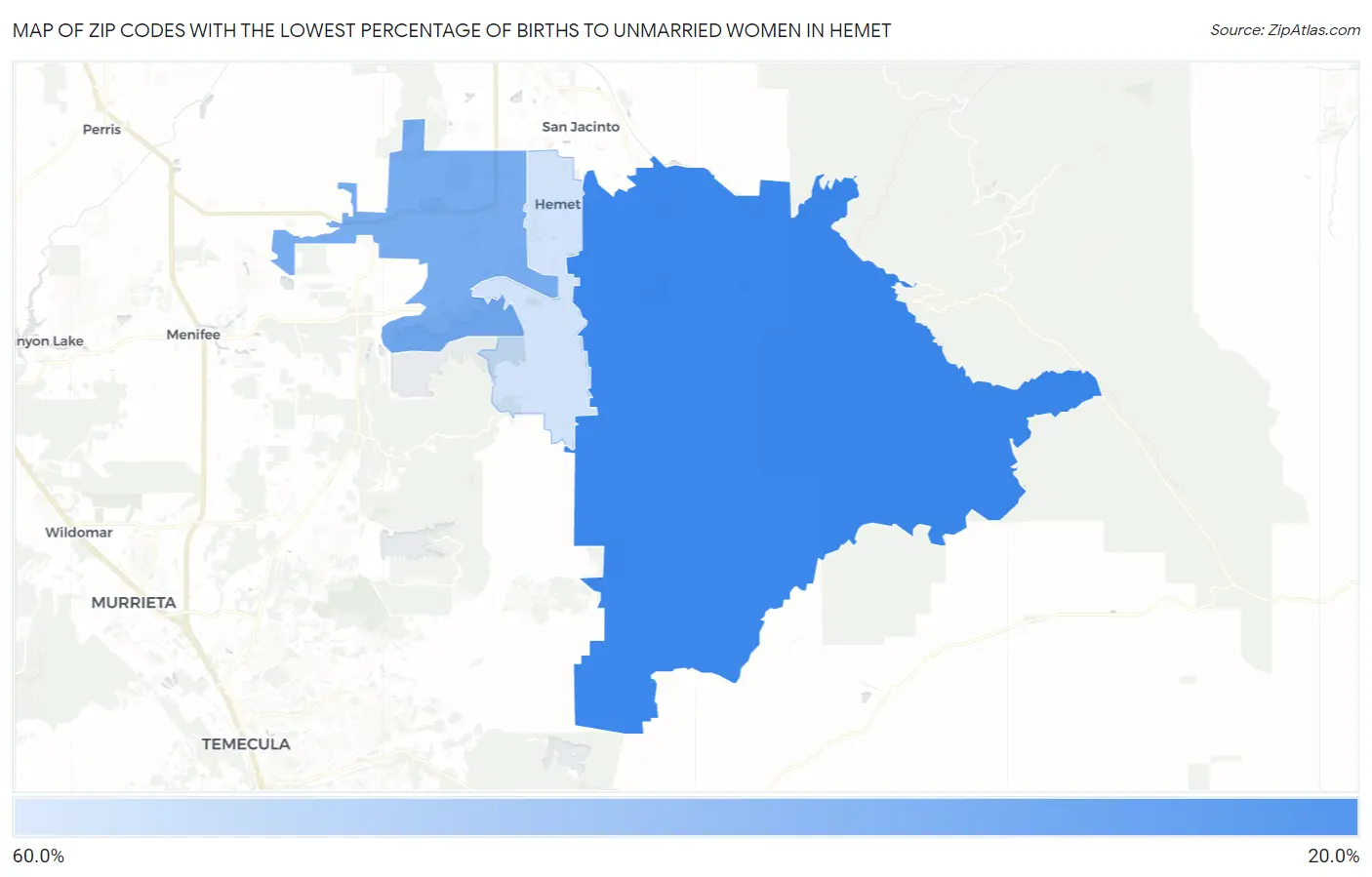 Zip Codes with the Lowest Percentage of Births to Unmarried Women in Hemet Map