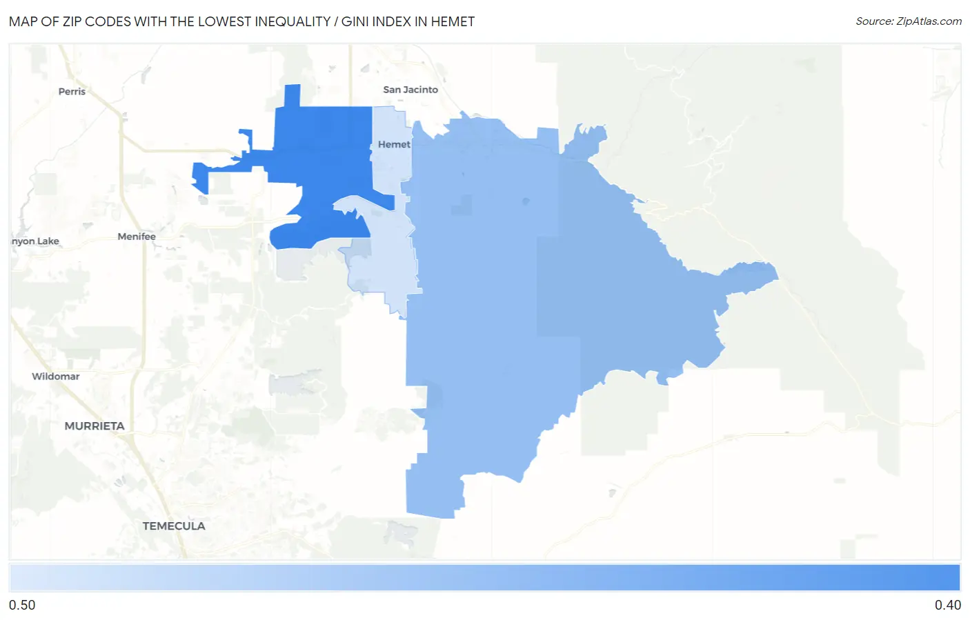 Zip Codes with the Lowest Inequality / Gini Index in Hemet Map