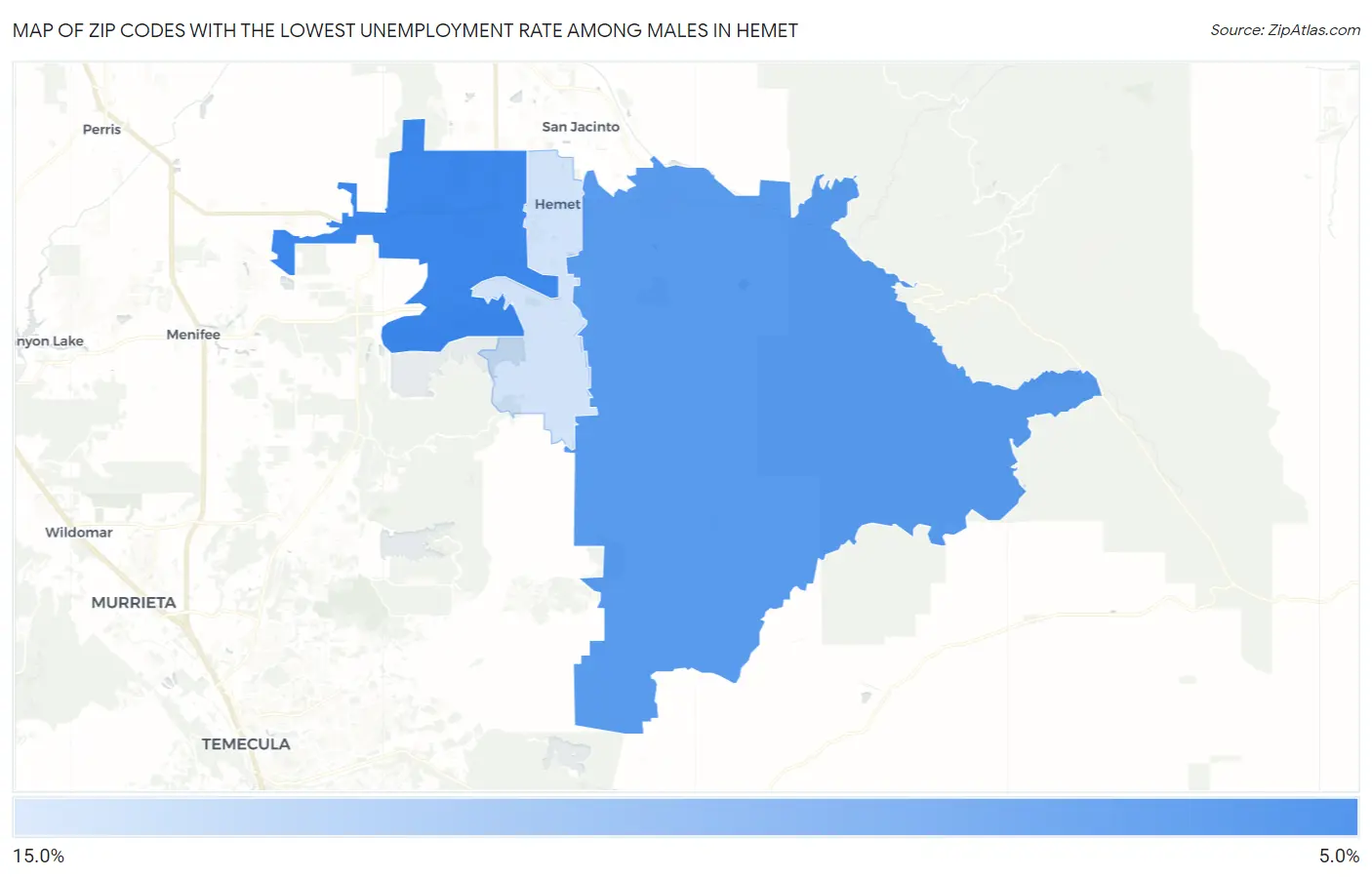 Zip Codes with the Lowest Unemployment Rate Among Males in Hemet Map